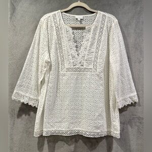J Jill Eyelet Tunic Blouse Pullover Size L White Cottagecore Peasant Boho